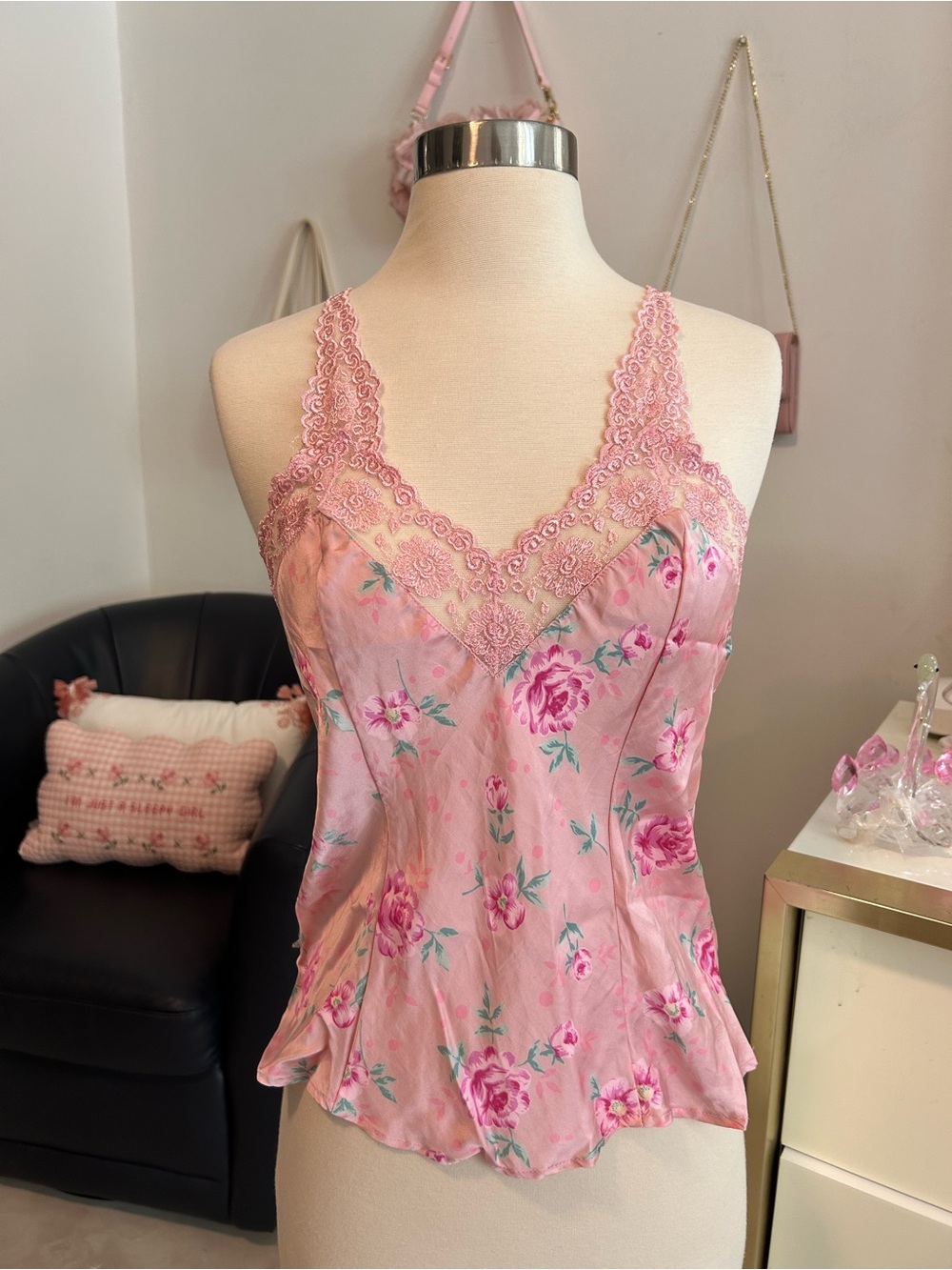 Y2K Vintage Pink Floral Lace Trim 100% Silk Fairy Camisole